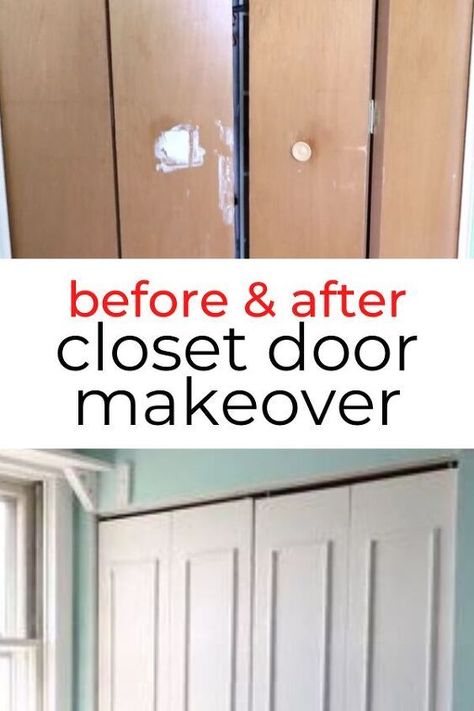 Molding On Closet Doors, Change Bifold Doors To Regular Doors, Painting Bifold Closet Doors, Diy Bifold Closet Doors Makeover, Upgrade Bifold Closet Doors, Cheap Closet Door, Closet Doors Diy, Bifold Doors Makeover, Old Closet Doors