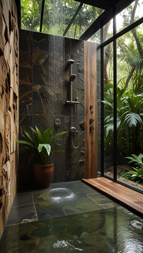 Indoor Outdoor Shower Ideas, Outside Shower Aesthetic, Shower With Plants Inside, Bali Bathroom Design, Stone Walk In Shower Ideas, Rainforest Bathroom Ideas, Rainforest Bathroom, Greenhouse Bathroom, Forest Bathroom