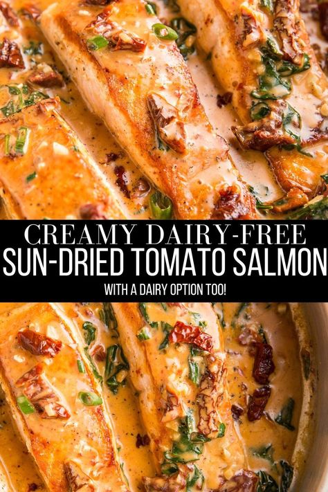 Creamy Sun-Dried Tomato Salmon features a delicious sun-dried tomato basil sauce with plenty of garlic notes for an impressive main dish. This recipe includes a dairy-free option as well as an option for classic cream sauce. Serve it with rice, mashed potatoes, or roasted vegetables for a complete meal! #dinner #salmon #healthy #keto #paleo #dairyfree Dairy Free Salmon Recipes, Tomato Recipes Healthy, Salmon Healthy, Dinner Salmon, Gluten Free Salmon, Dairy Free Sauces, Roasted Tomato Pasta, Best Salmon Recipe, Sun Dried Tomato Sauce