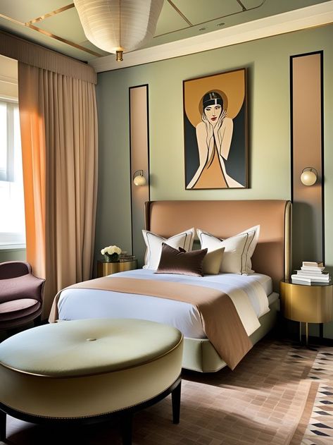 Art Deco Flat Interior Design, Luxury Hotel Suites Bedrooms, Modern Art Deco Bedroom Ideas, Luxe Hotel Bedroom, Bedroom Paint Ideas Color Schemes, Art Deco Hotel Room, Art Deco Modern Interior, Hotel Room Design Luxury, Art Deco Bedroom Design