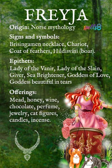 Freyja: Goddess Symbols, Correspondences, Myth & Offerings – Spells8 Goddess Freya Symbols, Gaia Goddess Correspondences, Freyja Goddess Offerings, Freya Correspondences, Freya Offering Ideas, Offerings To Freya, Offerings To Norse Gods, Freya Goddess Offerings, Offerings For Freya