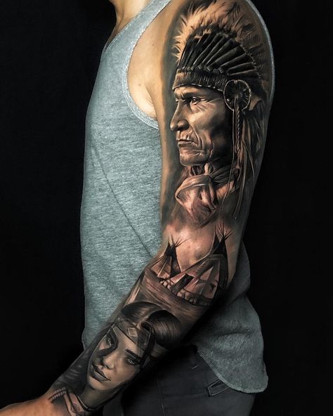 70 Native American Tattoo Designs | Art and Design Indian Tattoos For Men, Red Indian Tattoo, Indian Chief Tattoo, Native Indian Tattoos, Native American Tattoo Designs, Indian Tattoo Design, Tato Tradisional, Catrina Tattoo, American Indian Tattoos