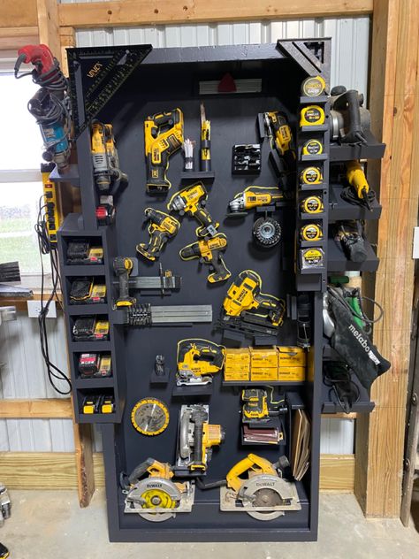 Power Tools Organization, Tool Bench Organization, Power Tool Organization, Dewalt Tool Storage, Cordless Drill Storage, Tool Wall Storage, Tool Display, Battery Charging Station, Drill Storage