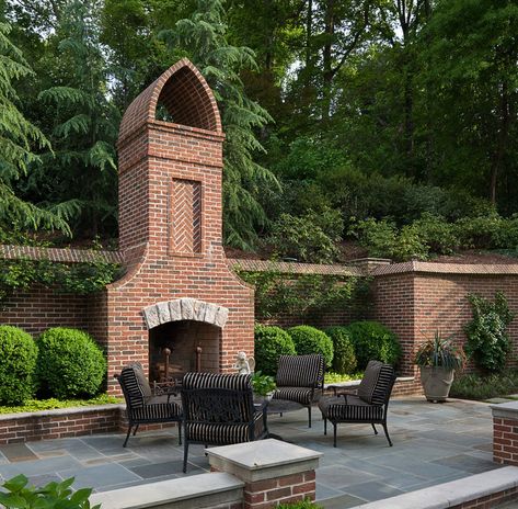 Tudor Manor - William T. Baker | Award-Winning Classical Residential Designer Brick Wall Gardens, Brick Planter, Landscape Architecture Portfolio, Fireplace Pictures, Outdoor Fireplace Designs, Design Outdoor, English Design, House Landscape, Porch Patio