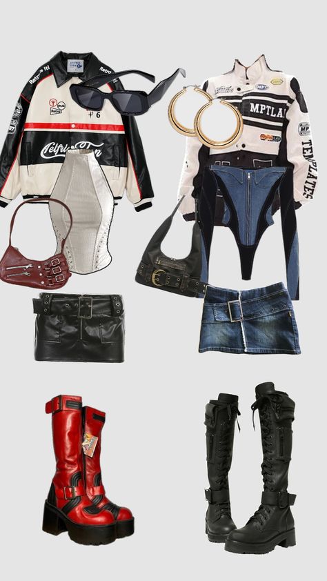 matching racing fits 🏎️🏁 #outfit #style Racer Theme Outfit, Motor Sport Outfit Women, Y2k Racer Aesthetic, Street Racer Outfit Women, Nascar Race Outfit, Racecar Outfits, Racing Outfit Aesthetic, Motorcycle Aesthetic Outfits, Racer Outfit Women