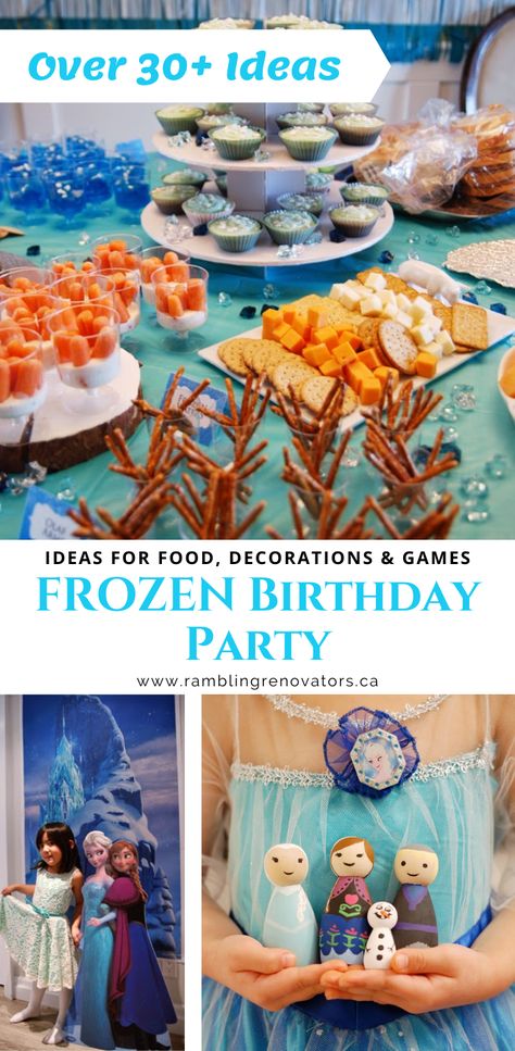 Snacks For Frozen Birthday Party, Frozen Birthday Menu Ideas, Frozen Party Food Ideas Meals, Cheap Frozen Birthday Party, Frozen Theme Party Food Ideas, Elsa Themed Birthday Party Food Ideas, Elsa Party Ideas Frozen, Elsa Birthday Food Ideas, Elsa Food Ideas