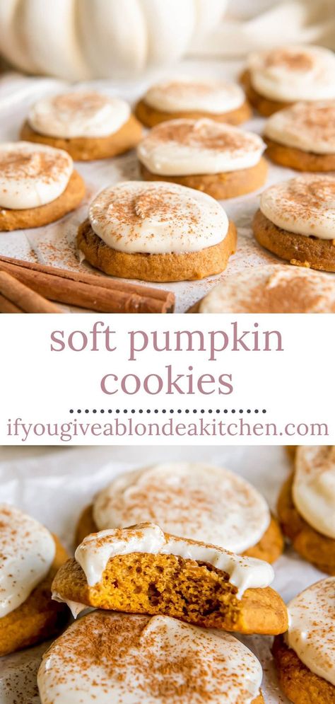 Soft Baked Pumpkin Cookies, Fall Recipes Baking Desserts, Soft Pumpkin Cookies With Cream Cheese Frosting, Fall Recipes Easy Desserts, Essen, Pumpkin And Cream Cheese Cookies, Pumpkin Cookie Frosting, Stuff To Make With Pumpkin Puree, Best Dessert Recipes For Thanksgiving