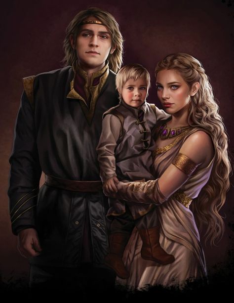 A young Prince Viserys and his wife Larra Rogare hold their child, Aegon, as depicted by Magali Villeneuve Fantasy Art Couples, Targaryen Art, Asoiaf Art, Fantasy Couples, Gra O Tron, Young Prince, Game Of Thrones Art, Fantasy Inspiration, Story Inspiration