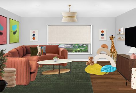 A Colorful and Vibrant Mid Century Modern Playroom - Little Crown Interiors Mcm Playroom, Colorful Artwork Abstract, Nursery Interior Design, Modern Playroom, Open Loft, Playroom Design, Loft Spaces, Nursery Design, Earthy Colors