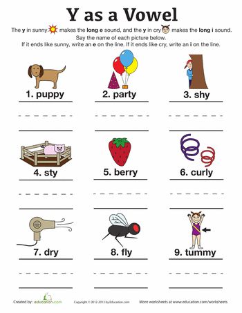 Worksheets: Y as a Vowel Y As A Vowel, Phonics Lesson Plans, Brain Puzzle, Phonics Chart, English Grammar For Kids, Long Vowel Sounds, Vowel Worksheets, Trick Words, First Grade Phonics