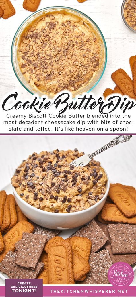 Creamy Biscoff Cookie Butter blended into the most decadent cheesecake dip with bits of chocolate and toffee. It's like heaven on a spoon!Biscoff Cookie Butter Cheesecake Dip, no bake cheesecake dip, cookie butter cream cheese spread, biscoff dip, cookie butter pretzels, speculoos spread, speculoos dip, toffee cheesecake dip, chocolate chip cheesecake dip Biscoff Dip, No Bake Cheesecake Dip, Chocolate Chip Cheesecake Dip, Cookie Butter Cheesecake, Toffee Dip, Toffee Cheesecake, Decadent Cheesecake, Dessert Dip Recipes, Biscoff Recipes