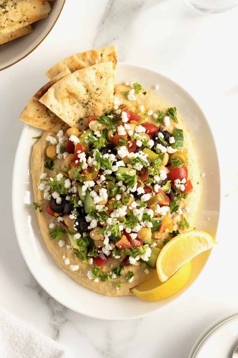 Restaurant Style Loaded Hummus Loaded Hummus, Baked Pita Chips, Edamame Hummus, Chicken Quinoa Salad, Hummus Recipe Homemade, Pepperoncini Peppers, Loaded Sweet Potato, Homemade Chips, Chicken Quinoa