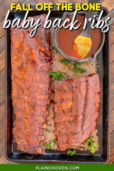 Fall Off the Bone Ribs Recipe – baby back ribs coated with a homemade spice blend and baked until tender. Finish the ribs off on the grill with a homemade barbecue sauce. THE BEST! Better than any restaurant. We never order ribs at our favorite bbq joint anymore! Perfect for summer cookouts, holidays, and football parties in the Fall. Babyback Ribs Recipe, Fall Off The Bone Ribs, Crockpot Pork Tenderloin, Homemade Barbecue Sauce, Homemade Spice Blends, Plain Chicken, Back Ribs, Crockpot Pork, Boneless Pork Chops