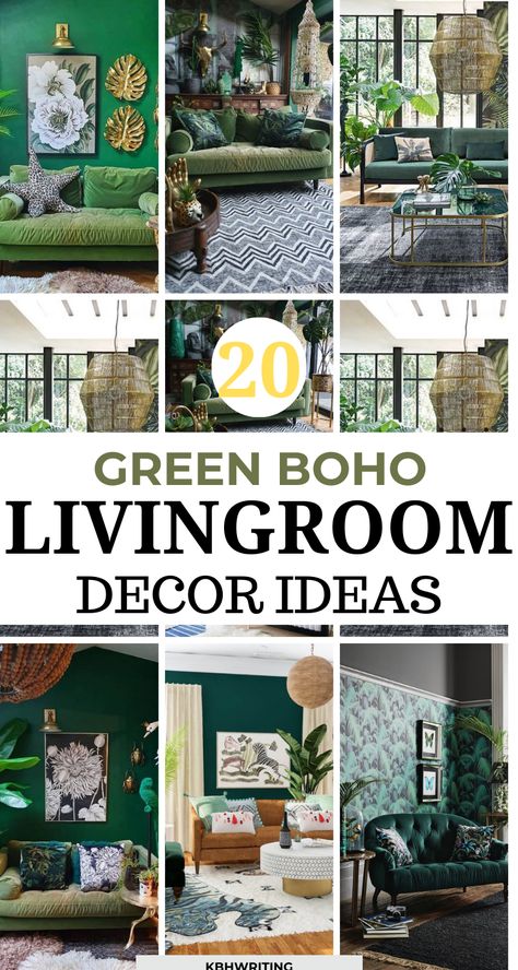 Explore 20 captivating green Boho living room ideas! From lush botanical accents to earthy tones, discover how the fusion of green hues and Bohemian style can create a serene and nature-inspired ambiance in your living space. #GreenBohoLivingRoom #LivingRoomInspiration #Bohemian Green Plant Room Decor, Green Wall Decor Living Room, Green Monochrome Living Room, Boho Green Decor, Botanical Inspired Living Room, Grey And Dark Green Living Room Ideas, Cosy Green Living Room Ideas, Green Zen Room, Green Gold Living Room Decor