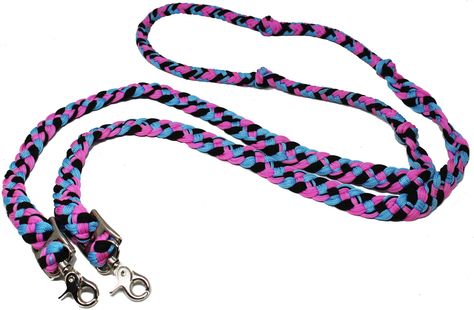 PRICES MAY VARY. 7-8ft long Pink/Black/Blue Challenger nylon braided barrel reins offer a soft, lightweight alternative to leather reins. Available in multitude of colors! Complete with stainless steel trigger snaps at both ends, and adjustable conway buckles . Measures approximately 7-8 feet in length. Great for barrel racing, reining, trail riding or everyday. Riding! Challenger nylon braided barrel reins offer a soft, lightweight alternative to leather reins. Blue Challenger, Barrel Reins, Horse Western, Rope Knots, Barrel Racing, Trail Riding, Rodeo, Pink Black, Black Blue