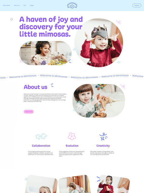 Create a Magical Online Presence for Your Child-Centric Business.

Welcome to Minimosas, a premium Squarespace template designed specifically for child-centric businesses. Whether you run a daycare, a children's boutique, or a family-focused blog, Minimosas is the perfect choice to create a warm, engaging, and professional online presence that parents will love. Childcare Website, Squarespace Template Design, Squarespace Template, Small Business Website, Design Tools, Whimsical Design, Children's Boutique, Educational Activities, Business Website