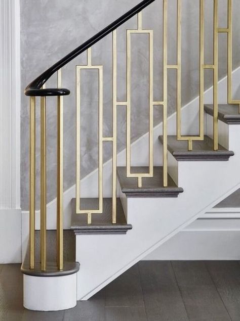 Gold mid century modern staircase handle Stairs Design Modern Railing Ideas, 2023 Staircase, Modern Railings For Stairs Interiors, Railings For Stairs, Art Deco Stairs, Reling Design, سلالم حلزونية, درابزين السلم, Vstupná Hala