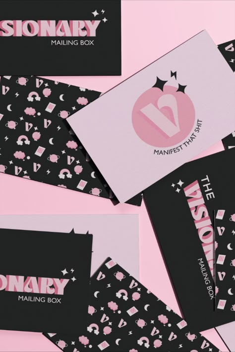 Black And Pink Business Cards, Pink And Black Packaging, Pink Black Branding, Box Logo Design Ideas, Pink And Black Branding, Box Logo Design, Presentation Poster, Pink Branding, Black Branding