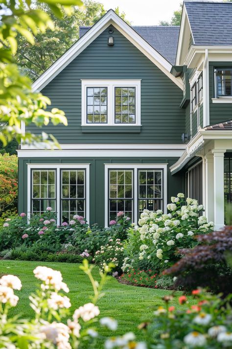 Green Siding House, Green Home Exterior, Green House Paint, Green Exterior Paints, Green Exterior House Colors, Alaska House, Green House Exterior, Green Siding, Ranch House Exterior