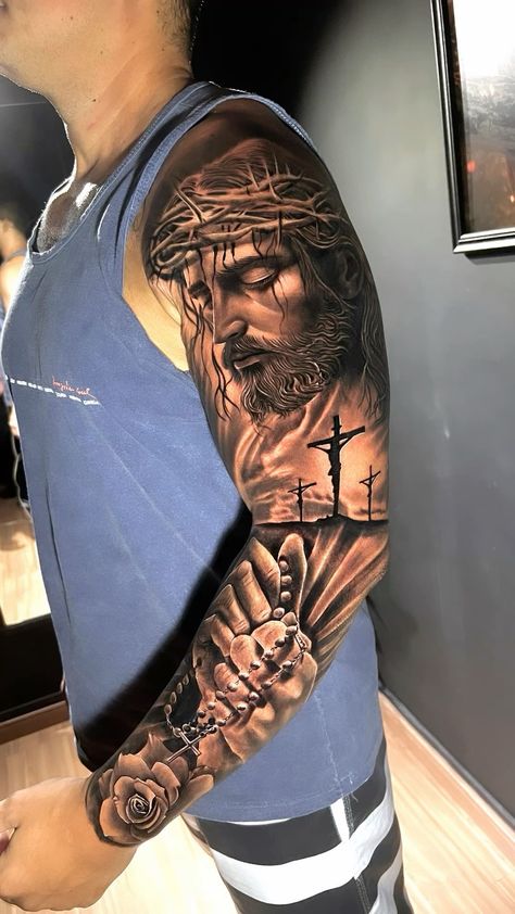 Religious Arm Sleeve Tattoos, Heaven Sleeve Tattoo, Religious Tattoos Men, Jesus Tattoo Men, Catholic Tattoos Sleeve, Christian Tattoos For Men Arm, Christ The Redeemer Tattoo, Jesus Piece Tattoo, Jesus Chest Tattoo