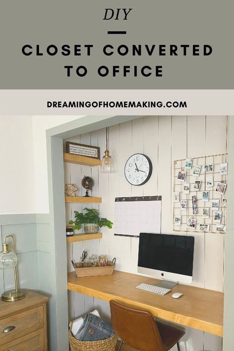 Closet to Office yes please! Cloffice for the win! Let me show you how we did this DIY desk and other DIYS to complete this space. Closet Made Into Office, Bench Desk Office, Diy Closet To Office, Diy Desk In Closet, Closet Office Ideas Small Diy, Closet Converted To Desk, Closet To Office Diy, Office Desk In Closet, Desk Closet Ideas