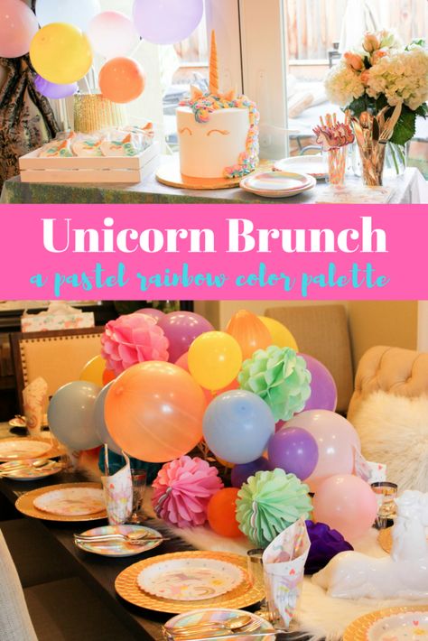 Unicorn Brunch and Balloon Centerpiece DIY - A party with a pastel rainbow and gold color palette Treehouse Threads Unicorn Brunch Birthday Party, Unicorn Juice Birthday Parties, Rustic Unicorn Birthday Party, Unicorn Birthday Party Food Dinner, Unicorn Balloon Arrangement, Balloon Centerpieces Diy, Unicorn Party Food, Happy Birthday Foil Balloons, Champagne Birthday