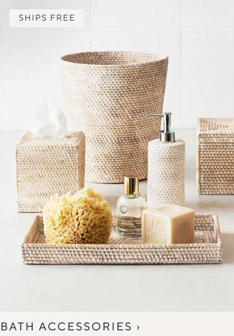 Bath Accessories Rattan Bathroom Accessories, Bathroom Counter Decor, Counter Top Accessories, Counter Decor, Bathroom Counters, Organic Bath Products, Bathroom Accessory Sets, Beachcrest Home, Cozy Apartment