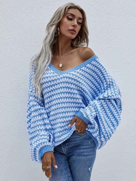 Striped Drop Shoulder Sweater | SHEIN USA Cozy Womens Sweaters, Striped Knitwear, Tops For Women Casual, Lantern Sleeve Sweater, Plus Size Pullover, Puff Sleeve Sweater, Acrylic Sweater, Plus Size Sweaters, Komplette Outfits