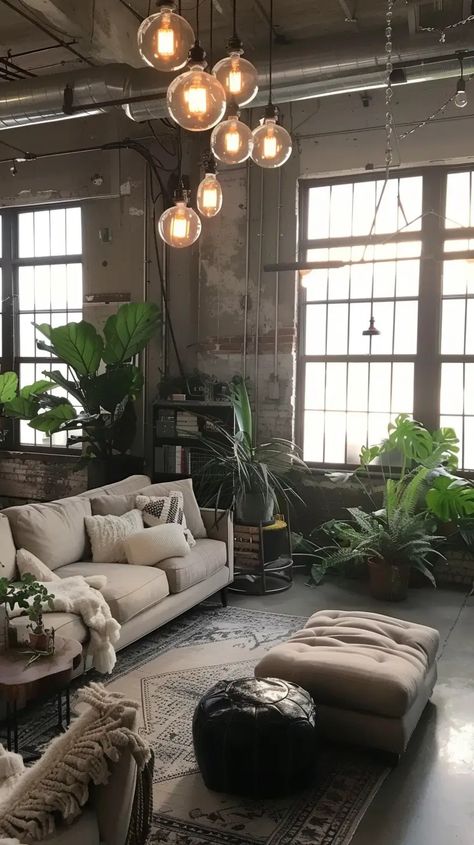 Embrace the Urban Chic: Exploring Industrial Living Room Styles - Decoholic Modern Industrial Living Room Apartment, Urban Interior Design Living Room, Modern Natural Decor, Living Room Ideas Industrial, Modern Industrial Living Room, Urban Interior Design, Industrial Living Room, Practical Furniture, Cozy Interior Design