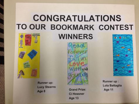 Congratulations to the winners of our bookmark contest! Bookmark Contest Ideas, Bookmark Contest, Library Games, Creative Bookmarks, Bookmarks Kids, Library Decor, Library Ideas, Contest Winner, Age 11