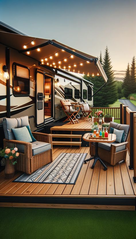 21 Brilliant RV Decorating Ideas That Will Transform Your Mobile Home 🚐✨ Rv Decks, Rv Decorating Ideas, Comfortable Outdoor Chairs, Decorating Your Rv, Rv Decorating, Cabin Theme, Transit Van, Modern Spa, Lodge Hotel