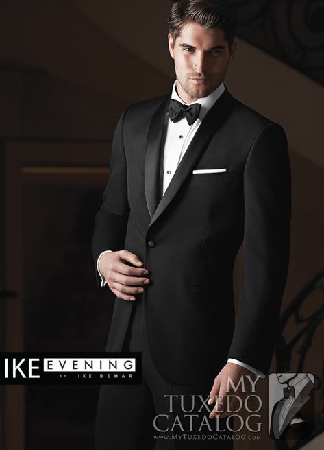 The Black 'Braydon' Tuxedo by Ike Behar is among the most formal and classic options we offer for any formal event. It features a one button single-breasted front, satin shawl collar, satin besom pockets, and is fashioned from luxuriously soft Super 120's wool. The cut is slim fit, for a closer, more exacting fit that that of classic or modern cut jackets. This tuxedo is a beautiful and classic black tie option, even by fairly strict standards, and will have you l Prom Tux, Tux Shirt, Grooms Suit, Tuxedo Coat, Button Shawl, Wedding Tux, Prom Tuxedo, Satin Shawl, Tuxedo Black