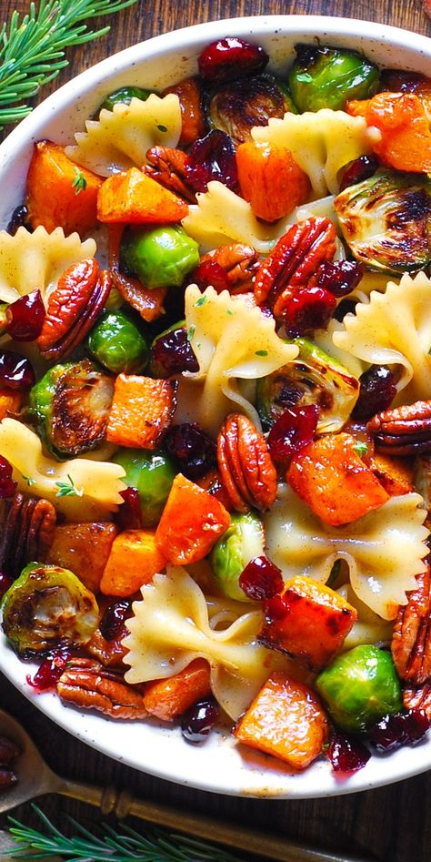 Roasted Butternut Squash Pasta Salad with Brussels Sprouts, Pecans, and Cranberries in a white bowl. Butternut Squash Pasta Salad, Squash Pasta Salad, Thanksgiving Pasta, Butternut Squash Side Dish, Squash Pasta Recipe, Autumn Side Dishes, Butternut Squash Pasta, Squash Pasta, Squash Salad