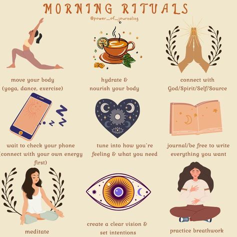 #morning #morningrituals #planning #hydrate #nourish #nourishyourbody #yoga #dance #exercise #streaching #connectwithgod #nature #journaling #meditate #setintentions #breathwork #selfcaredaily #selfcare #selfcaretips #selfcarerituals #healing #powerofjournaling #healingpowerofjournaling Lammas Lughnasadh, Morning Routines List, Vibrational Healing, Moon Pics, Witch Rituals, Morning Yoga Routine, Daily Love, Witch Spirituality, Spiritual Journals