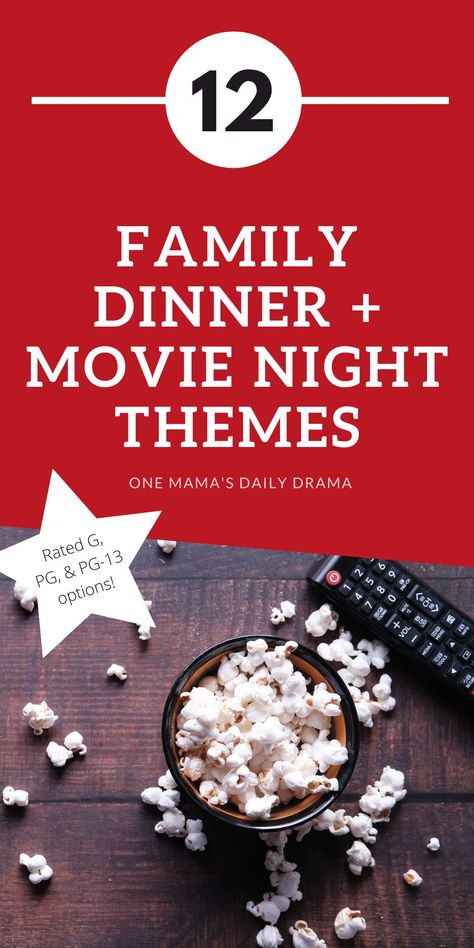 Looking for family fun to do at home? Have a family movie night with a theme and introduce your kids to your favorite films! Find 12 theme ideas at One Mama's Daily Drama. Family Movie Night Dinner Ideas At Home, Family Theme Nights At Home, Family Theme Movie Night, Movie Theme Night Ideas For Adults, Movie Themed Family Dinners, Movie Night Dinner Match Ups, Family Dinner Theme Night Ideas, Family Movie Night Themed Food, Themed Dinner Nights Movie