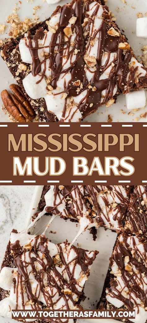 Easy Mississippi Mud Bars are insanely delicious with layers of chocolate brownie + gooey marshmallows + pecans + chocolate fudge drizzle. Simple to make with a boxed brownie mix - everyone is sure to fall in love with this Mississippi Mud dessert. Mississippi Mud Bars Recipes, Chocolate Mud Bars, Brownie Bar Party Ideas, Brownie Mix Ideas, Mud Dessert, Sheet Desserts, November Desserts, Brownie Mix Desserts, Mississippi Mud Bars