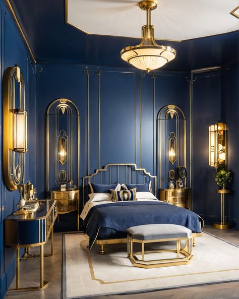 1920s Hotel Aesthetic, Art Deco Interior 1920s Bedroom, Art Deco Style Bedroom, Art Nouveau Bedroom Ideas, 1920s Bedroom Aesthetic, Cobalt Bedroom, 1920s Art Deco Bedroom, Art Deco Hotel Room, Art Deco Furniture 1920s