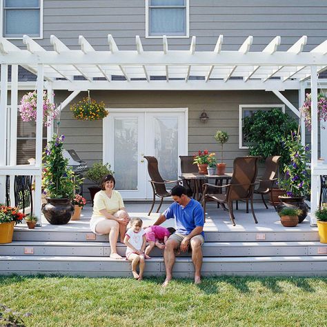 would love to have similar pergola and deck on south side on my home, our southern exposure demands shade. Deck Pergola, Attached Pergola, White Pergola, Cheap Pergola, Pergola Swing, Pergola Ideas, Pergola Lighting, Pergola Attached To House, Pergola Garden