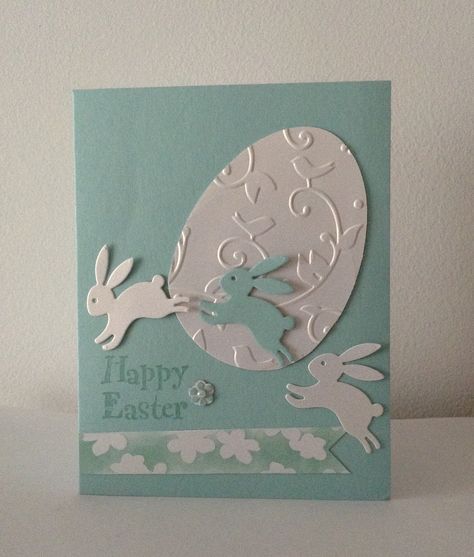 handmade Easter card ... leaping die cut bunnies ... embossed and die cut egg ... lovely! Easter Egg Cards Handmade, Handmade Easter Cards Ideas, Easter Card Ideas, Handmade Easter Cards, Diy Easter Cards, Easter Cards Handmade, Easter Greeting Cards, Easter Blessings, Easter Inspiration