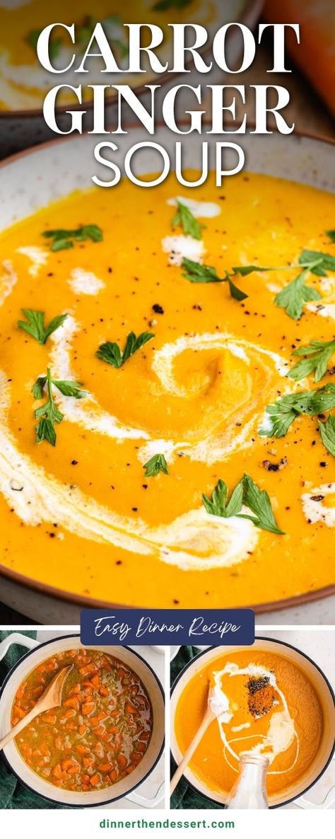 This Carrot Ginger Soup recipe is a cozy delicious soup for fall! Creamy carrot soup with warm flavors from ginger and turmeric. Try it today!