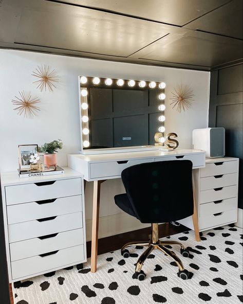 Black Makeup Vanity Room, Boho Western Makeup Room, Makeup Vanity Makeoever, Makeup Station In Bedroom, Vanity Mirrod With Lights, Girls Furniture, Room Checklist, Hollywood Vanity Mirror Impressions Vanity Co., Vanity Room