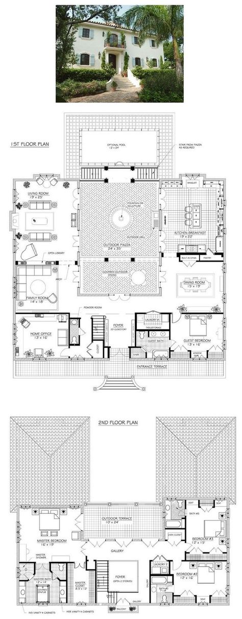 French Villa House, Victorian Cottage Plans, Villa House Plans, Center Courtyard, French House Plans, French Villa, Plant House, Courtyard House Plans, House Plans One Story