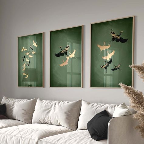 This wall art trio fuses vintage and modern to create this stunning piece for your home. The birds, taken from vintage Japanese art are overlaid with gold-toned abstract patterns and set against a textured, calming sage green background to create a beautiful gallery wall set you will treasure for years to come. Please note this design is not gold foiled. Painting For Hall Living Rooms, Modern Japanese Art Print, Green And Gold Abstract Art, Japandi Basement, Sage Green Office Ideas, Apartment Paintings, Modern Asian Decor, Chinese Wall Art, Sage Green Background