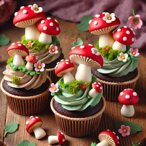 Woodlands Cupcakes, Toadstool Cupcakes, Toadstool Cake, Mushroom Cupcakes, Childrens Cupcakes, Garden Cupcakes, Enchanted Forest Birthday, Fairy Birthday Cake, Cake Land