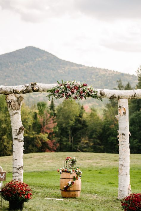 adirondack mountain fall wedding birch arbor Birch Tree Arbor, Wedding Arches Outdoors Fall, Aspen Wedding Arch, Aspen Tree Wedding Decor, Wedding Birch Tree Decor, Birch Wood Arch, Diy Fall Wedding Arch Outdoor, Wedding Arch Between Two Trees, Aspen Tree Wedding Arch