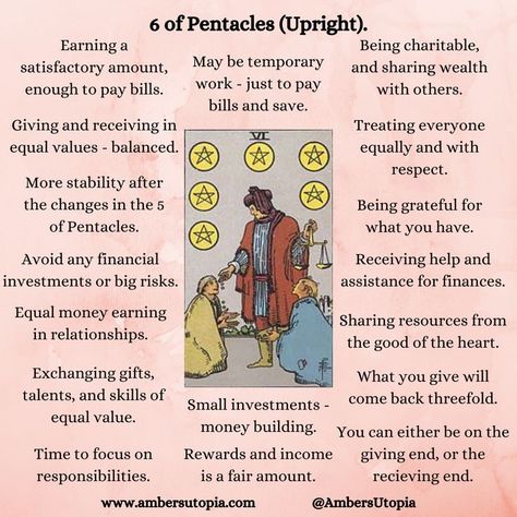 This is the 6 of Pentacles from the suit of pentacles of the tarot deck. This image highlights and describes the meanings and interpretations that can be gathered from the 6 of pentacles. 

These meanings and interpretations can apply to all types of readings, including general, romance, family, relationship, career, finance, health and many more.

#Tarotcardmeanings #6ofpentacles #suitofpentacles #tarot #tarotmeanings #sixofpentacles #psychic #tarotcards #mediumship #tarotdeck 6 Of Pentacles Reversed Tarot Meaning, 6 Of Pentacles Tarot, Queen Of Pentacles Reversed Tarot Meaning, 6 Pentacles Tarot Meaning, Eight Of Pentacles Tarot Meaning, Two Of Pentacles Tarot Meaning, 2 Of Pentacles, 4 Of Pentacles Tarot Meaning, Three Of Pentacles Tarot Meaning