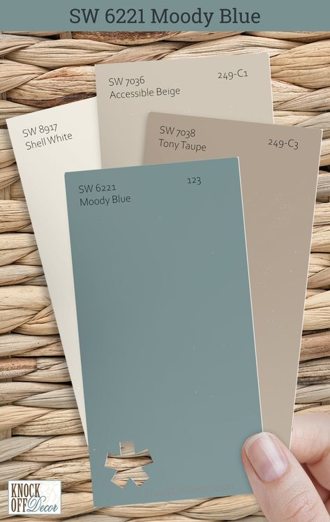 Finding the right colors to accompany Sherwin-Williams Moody Blue is like composing a beautiful melody. I've chosen tones that resonate with its richness, crafting an inviting and stylish atmosphere. Here is an example, with SW Tony Taupe, Accessible Beige, and Shell White. Peek into my full-color symphony by clicking for my full review and top palettes. Greige With Blue Undertones, Color Palette Neutral Blue, Pale Blue Color Scheme, Sw Accessible Beige Coordinating Colors, Accessible Beige And Blue, Blue And Cream Colour Palette, Taupe And Blue Bathroom, Sw Shell White, Blue Bathroom Vanity Paint Color Sherwin Williams