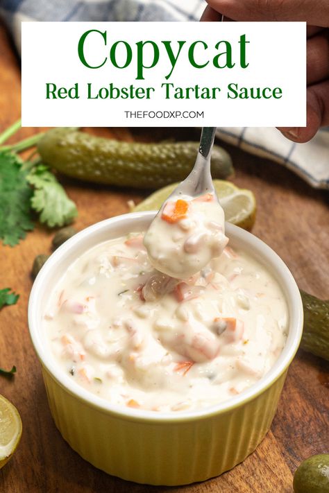 Indulge in the flavors of the sea with this Copycat Red Lobster Tartar Sauce. Perfectly balanced, creamy, and tangy, it's a must-try for seafood lovers. Copycat Red Lobster Tarter Sauce, Red Lobster Pina Colada Dipping Sauce, Steak With Lobster Sauce, Captain Ds Tartar Sauce Recipe, Red Lobster Tartar Sauce Recipe, Sauce For Lobster, Cowboy Dip, Copycat Red Lobster, Tartar Sauce Recipe