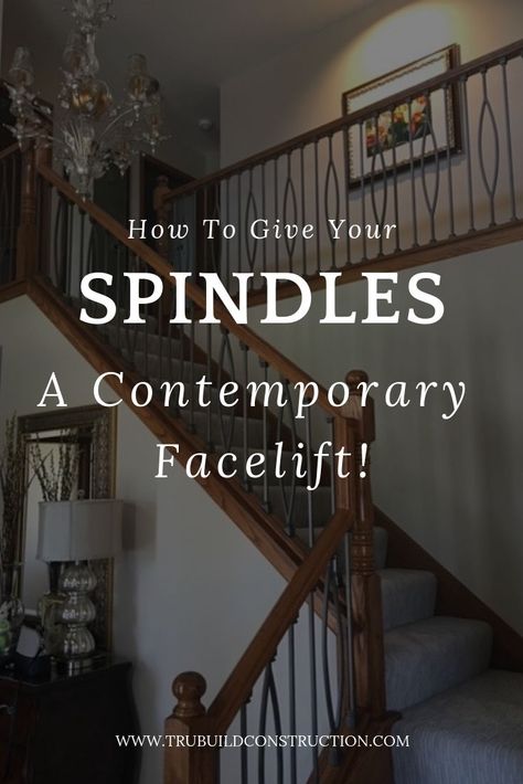 How To Give Your Spindles a Contemporary Facelift - Our step-by-step guide to update an oak railing with new modern metal spindles for an easy stairway remodel! #stairs #stairway #staircase #remodel #DIY Before And After Stair Railing, Remodel Staircase Railings, Stairway Spindle Ideas, Decorative Metal Stair Railing, Changing Spindles On Staircase, Replace Spindles On Stairs, Updating Staircase, Update Stair Railing, Oak Staircase Makeover