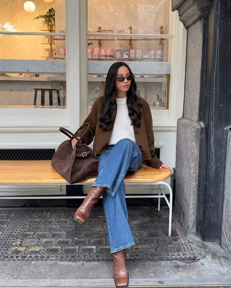 Here for all the brown tones this autumn 🤎🍂 Outfit details: Jacket @cosstores Knit @softgoatcashmere Jeans @abercrombie Boots @bobbies Bag @amazonfashion (crazy right) Linked on my stories & in my bio 🫶🏽 . . . Autumn outfit, casual outfit, autumn ootd, fall fashion, jeans outfit, fall outfit, every day outfit, chic style, London outfit Brown Boots Heels Outfit, Corporate Boots Outfit, Brown Boots Office Outfit, Dark Brown Handbag Outfit, Fall Outfits Winery, Light Brown Ankle Boots Outfit, Brown Leather Ankle Boots Outfit, Brown Boots Outfit Work, Outfits With Brown Boots Ankle